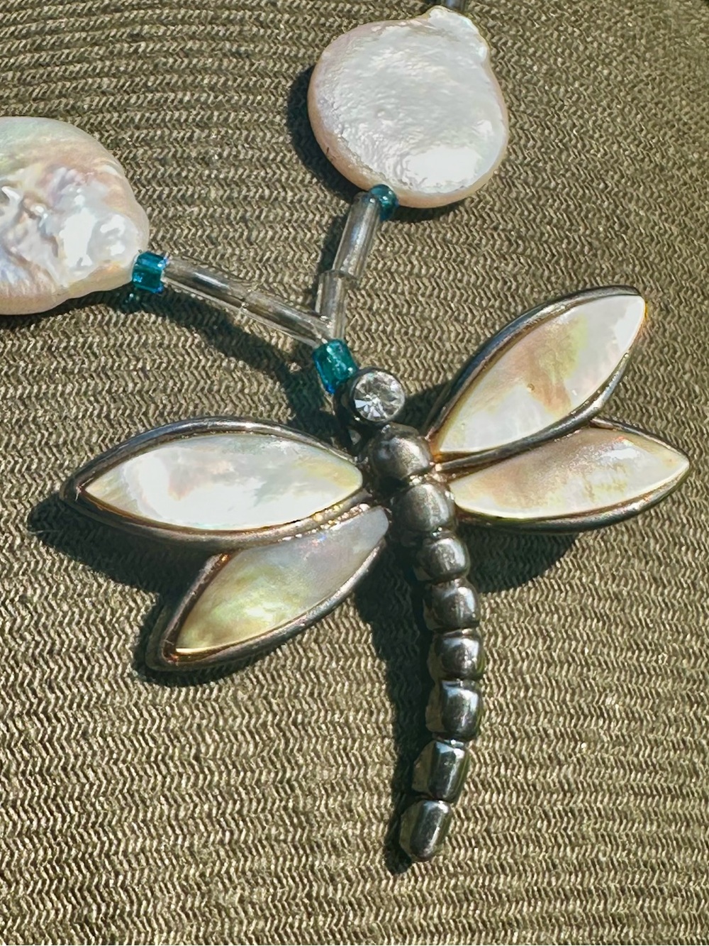 Set - MOP Dragonfly Pendant Necklace & Earrings with Coin Pearls